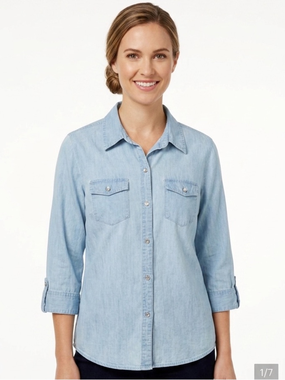 Karen Scott Long Sleeve Button Down Blue Denim Shirt Petite Medium